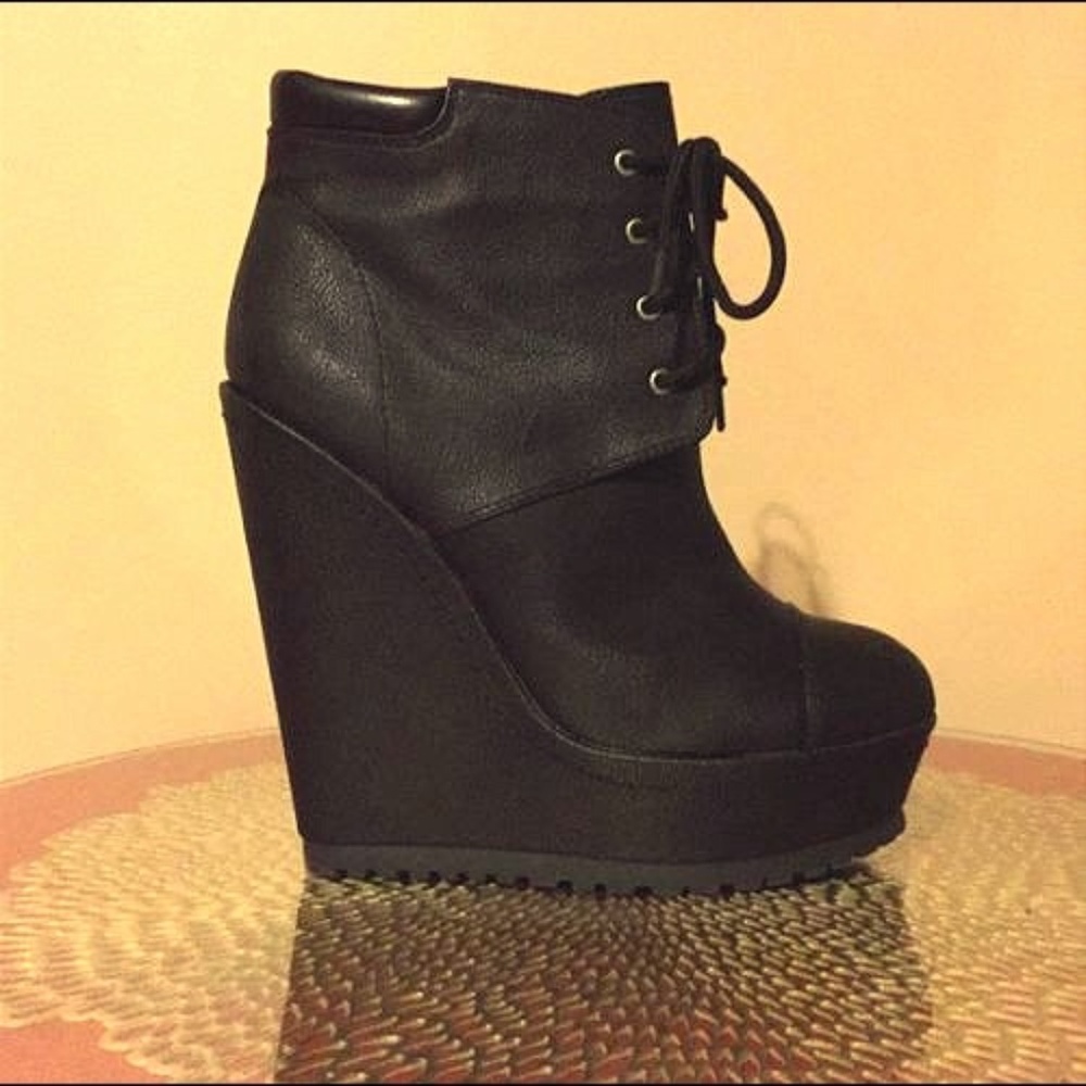 Black Wedge Faux Leather Booties Size 8